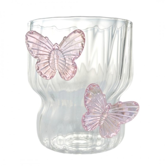 Szklanka ryflowana, z falowanymi ściankami, MOTYLKI róż 260 ml 1szt SZK161