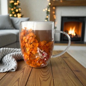 Szklanka termiczna z kwiatami w środku, gipsówka, hortensje, pomarańczowy róż 300 ml 1szt SZK196