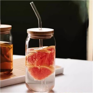 Szklanka 350ml z rurka i drewnianą przykrywka 1szt. do kawy, koktajli SZK210