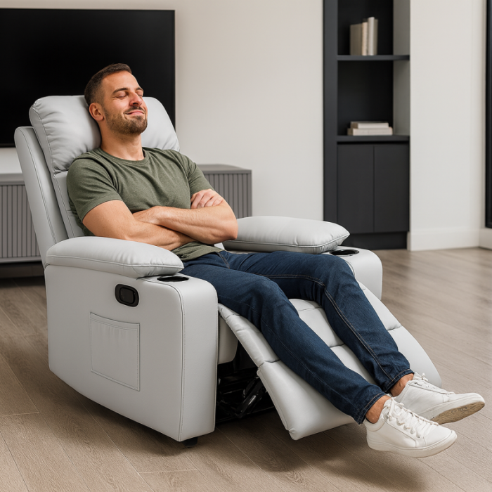 Fotel, sofa rozkładana jednoosobowa VERO z uchwytem na napój, ekoskóra szary SOF01SZ