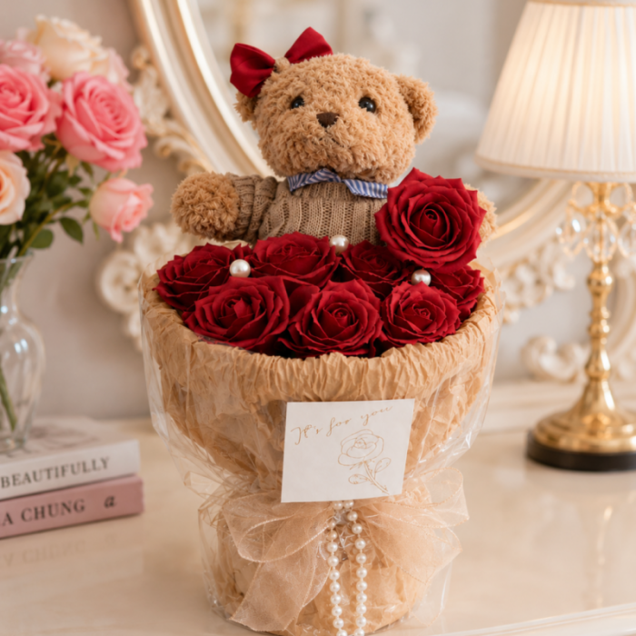 Flower box, bukiet zapachowych kwiatów mydlanych z MISIEM 8szt. BUK31CZE