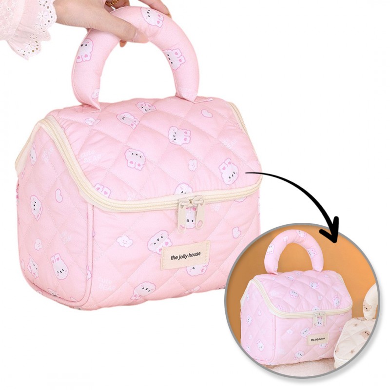 Kosmetyczka rozkładana elegancka kuferek pikowana BUNNY różowa KS131R