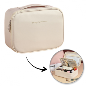 Kosmetyczka rozkładana elegancka kuferek etui z ekoskóry kremowa KS146K