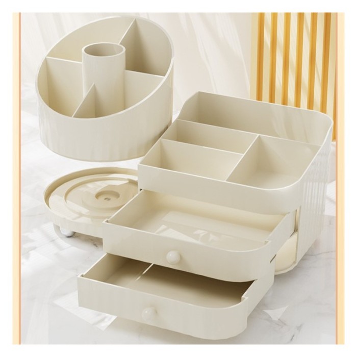 Organizer na pędzle, kosmetyki, obrotowy z szufladkami, kremowy 31 x 14,5 x 11,6 cm CB66