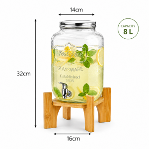 Dzbanek, dystrybutor szklany do napojów z kranikiem, stojak bambusowy 8000ml