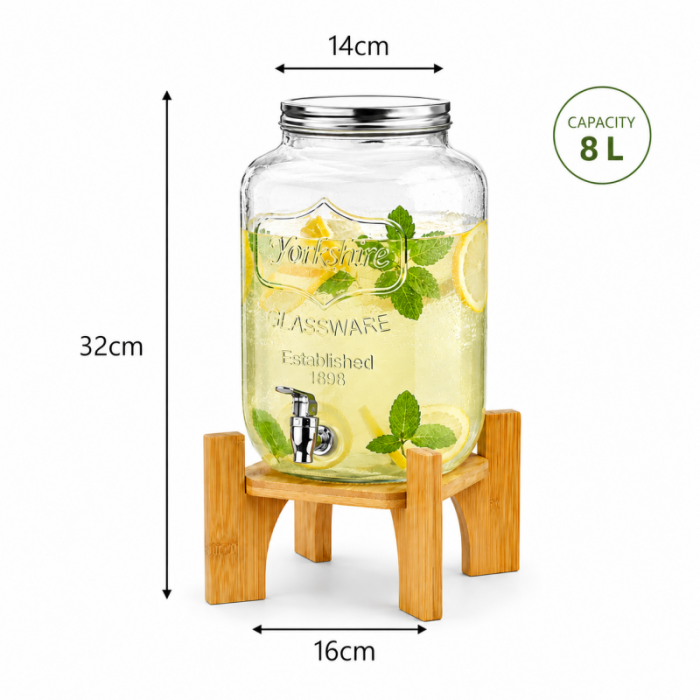 Dzbanek, dystrybutor szklany do napojów z kranikiem, stojak bambusowy 8000ml