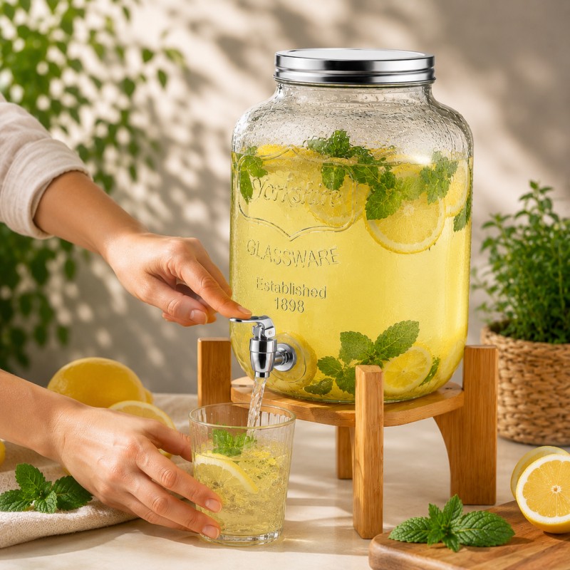 Dzbanek, dystrybutor szklany do napojów z kranikiem, stojak bambusowy 8000ml