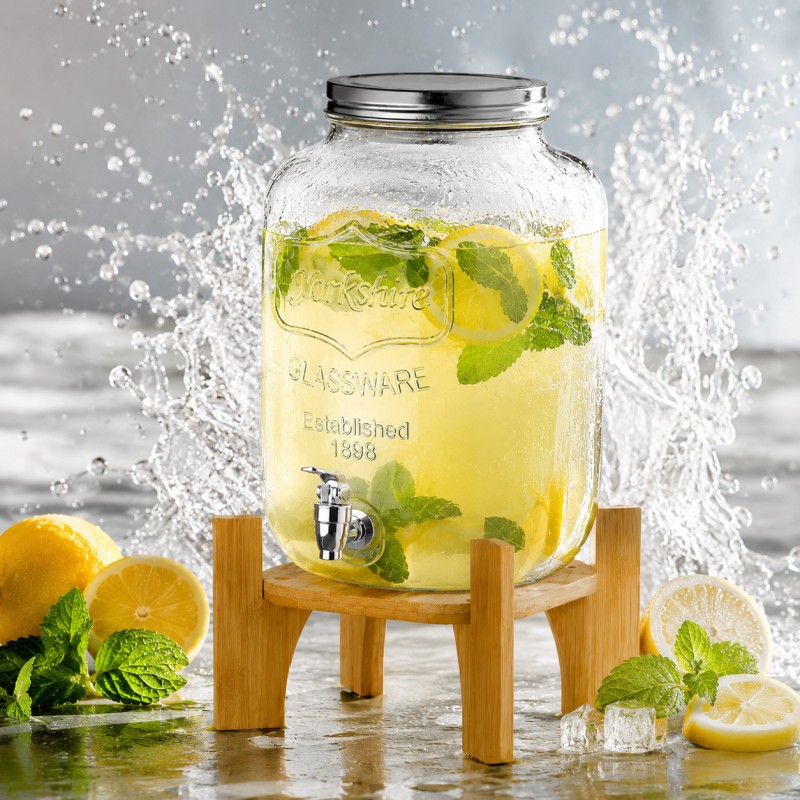 Dzbanek, dystrybutor szklany do napojów z kranikiem, stojak bambusowy 8000ml