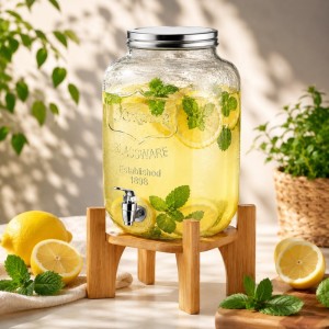 Dzbanek, dystrybutor szklany do napojów z kranikiem, stojak bambusowy 8000ml