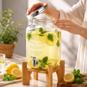 Dzbanek, dystrybutor szklany do napojów z kranikiem, stojak bambusowy 8000ml