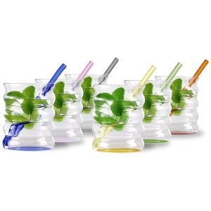Vialli Design, zestaw 6 szklanek z kolorowym dnem 350 ml ze słomkami Volo 32224
