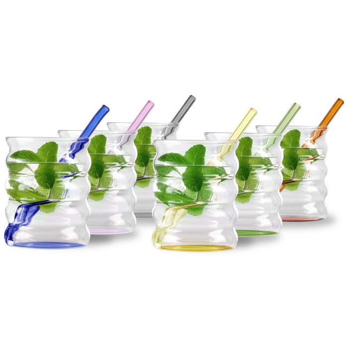 Vialli Design, zestaw 6 szklanek z kolorowym dnem 350 ml ze słomkami Volo 32224