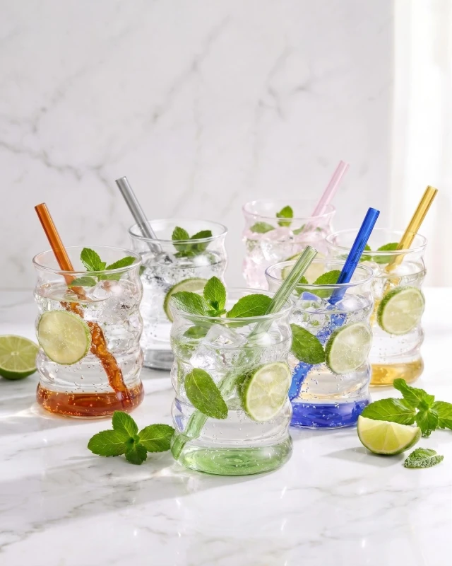 Vialli Design, zestaw 6 szklanek z kolorowym dnem 350 ml ze słomkami Volo 32224