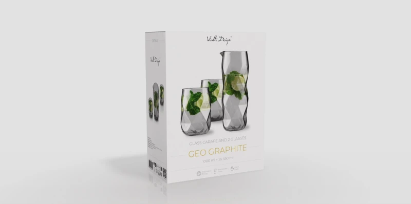Vialli Design, zestaw 3 el. karafka 1000 ml i 2 szklanki 450 ml szare Geo Graphite