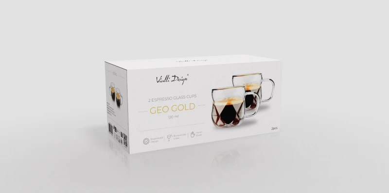 Vialli Design, komplet 2 filiżanki do espresso 120 ml ze złotym rantem Geo Gold
