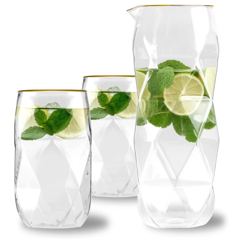 Vialli Design, zestaw 3 el. karafka 1000 ml i 2 szklanki wysokie 400 ml ze złotym rantem Geo Gold
