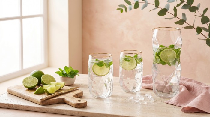 Vialli Design, zestaw 3 el. karafka 1000 ml i 2 szklanki wysokie 400 ml ze złotym rantem Geo Gold