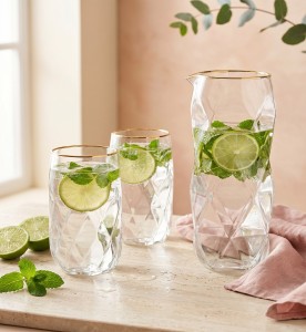 Vialli Design, zestaw 3 el. karafka 1000 ml i 2 szklanki wysokie 400 ml ze złotym rantem Geo Gold