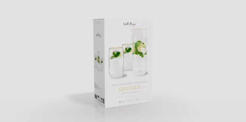 Vialli Design, zestaw 3 el. karafka 1000 ml i 2 szklanki wysokie 400 ml ze złotym rantem Geo Gold