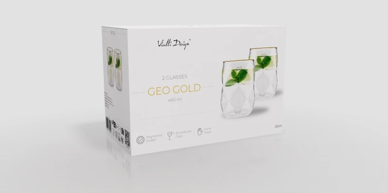 Vialli Design, komplet 2 szklanki 450 ml ze złotym rantem Geo Gold