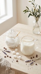 Vialli Design, zestaw: cukierniczka 300 ml i mlecznik 300 ml ze złotym rantem Geo Gold