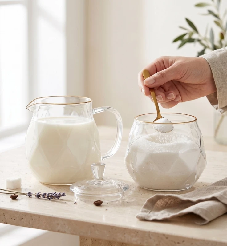 Vialli Design, zestaw: cukierniczka 300 ml i mlecznik 300 ml ze złotym rantem Geo Gold