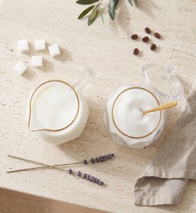 Vialli Design, zestaw: cukierniczka 300 ml i mlecznik 300 ml ze złotym rantem Geo Gold