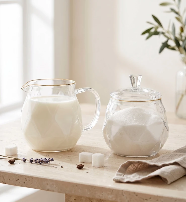 Vialli Design, zestaw: cukierniczka 300 ml i mlecznik 300 ml ze złotym rantem Geo Gold