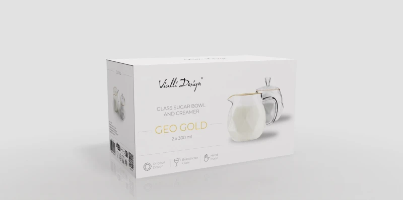 Vialli Design, zestaw: cukierniczka 300 ml i mlecznik 300 ml ze złotym rantem Geo Gold