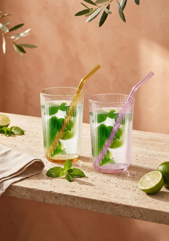 Vialli Design, zestaw 6 szklanek z kolorowym dnem 500 ml ze słomkami - VIBRA