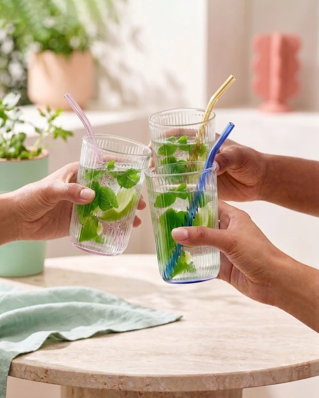 Vialli Design, zestaw 6 szklanek z kolorowym dnem 500 ml ze słomkami - VIBRA