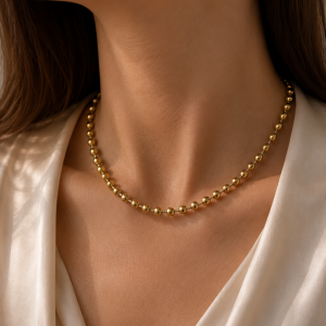 Naszyjnik stal szlachetna pozłacana 14k złotem, kuleczki 6mm