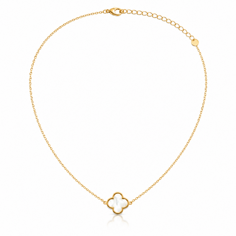 Naszyjnik stal szlachetna pozłacana 14k złotem, 13mm biała koniczynka