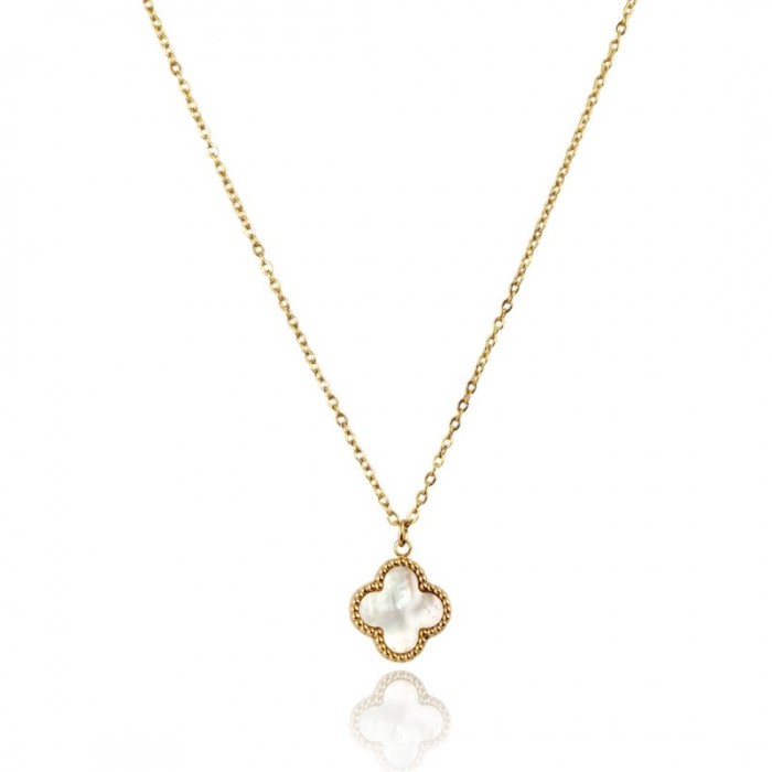 Naszyjnik stal szlachetna pozłacana 14k złotem, koniczynka 13mm, masa perłowa
