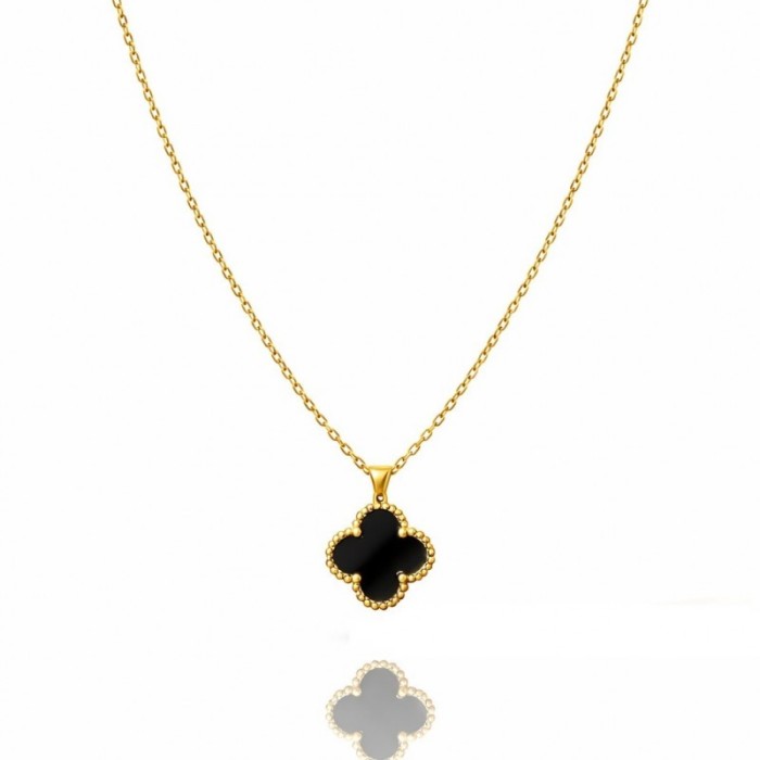 Naszyjnik stal szlachetna pozłacana 14k złotem, koniczynka 13mm, czarna