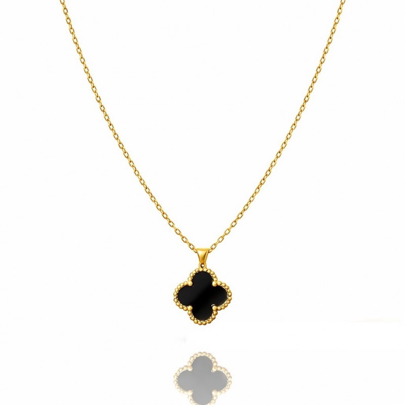Naszyjnik stal szlachetna pozłacana 14k złotem, koniczynka 13mm, czarna