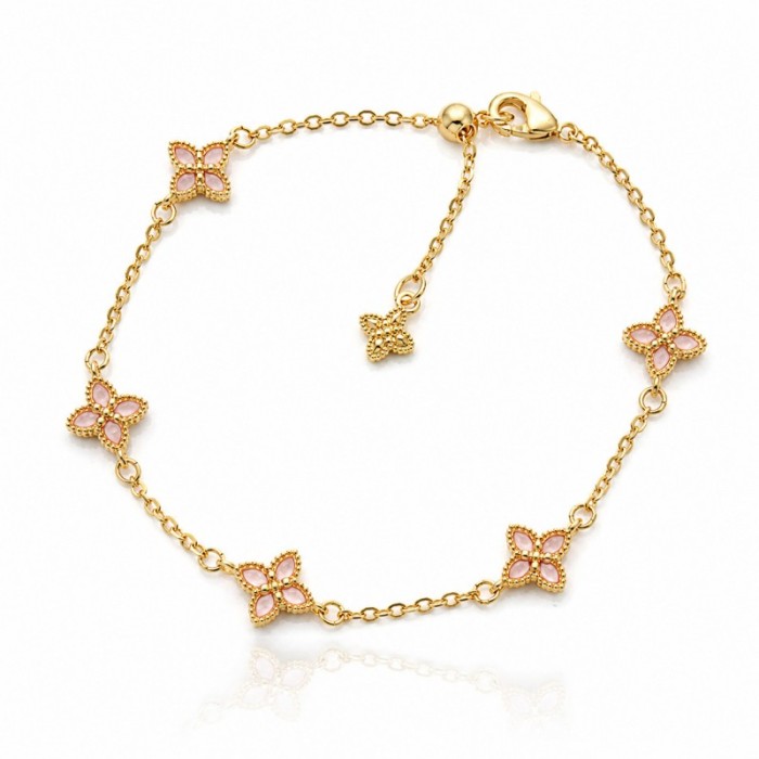 Bransoletka na rękę stal chirurgiczna pozłacana 14k złotem, koniczynka, różowa