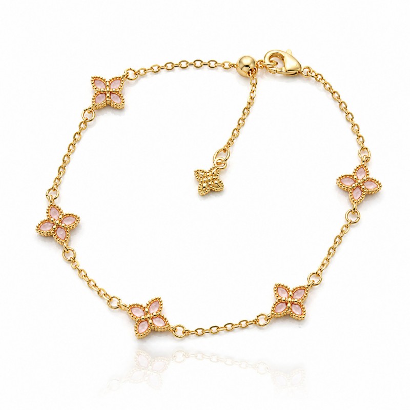 Bransoletka na rękę stal chirurgiczna pozłacana 14k złotem, koniczynka, różowa