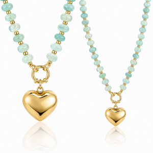 Naszyjnik stal szlachetna pozłacana 14k złotem, kulki kamień naturalny Blue Stone, serce
