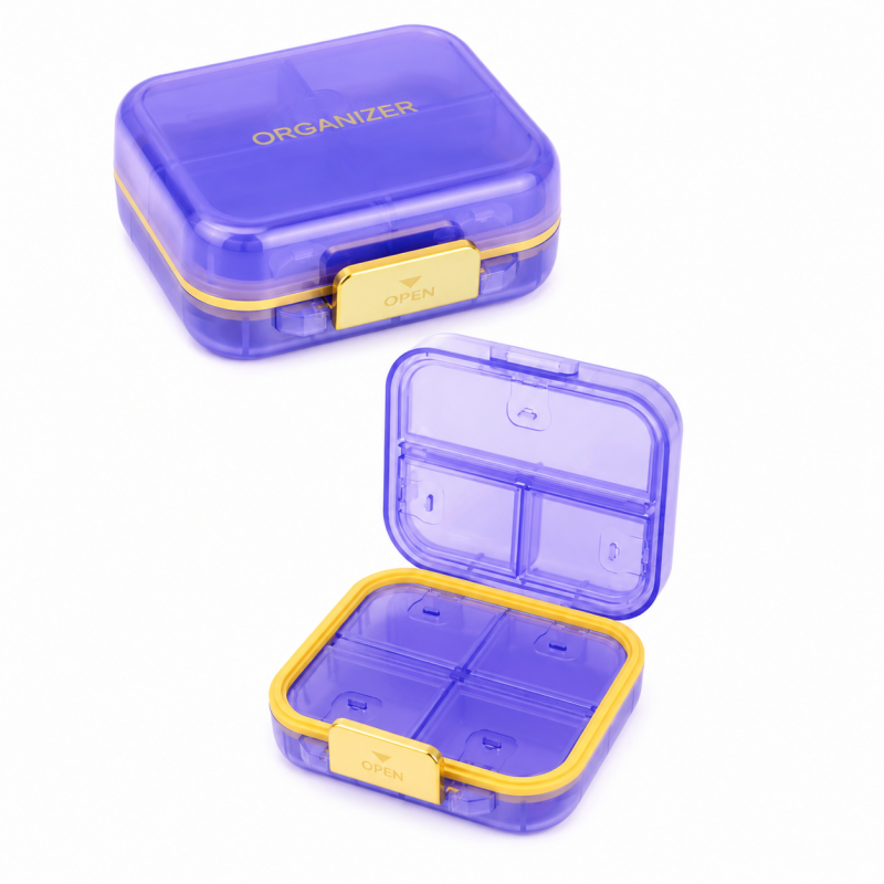Organizer, kasetka, szkatułka na leki z przegródkami, fioletowa 8x7x3,5cm