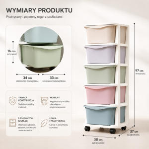 Plastikowy regał na kółkach szafka szuflady szafa 97 x 38 x 37 cm