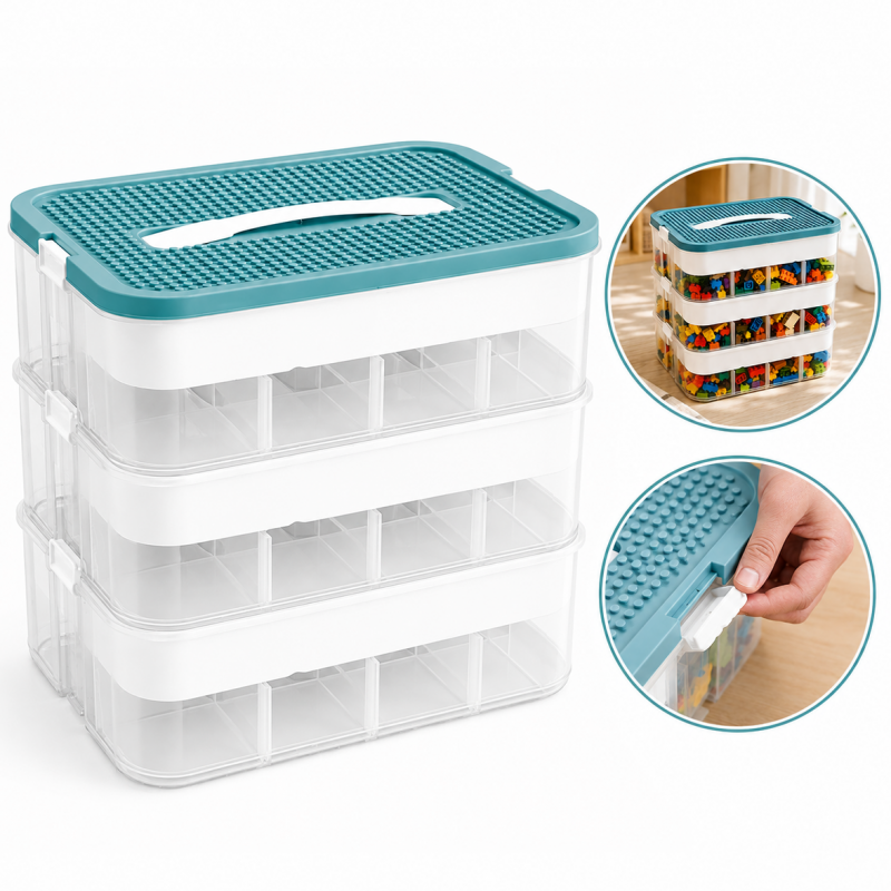 Organizer, pojemnik, sorter na klocki, 3 piętrowy z tacą do układania 31x30x22cm